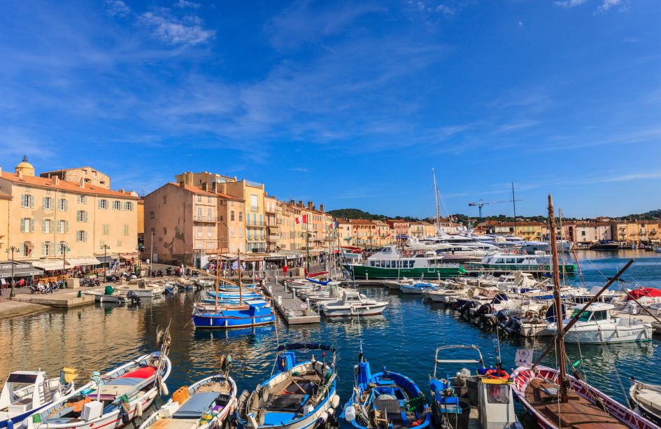 View of boats and yachts in St Tropez old port.