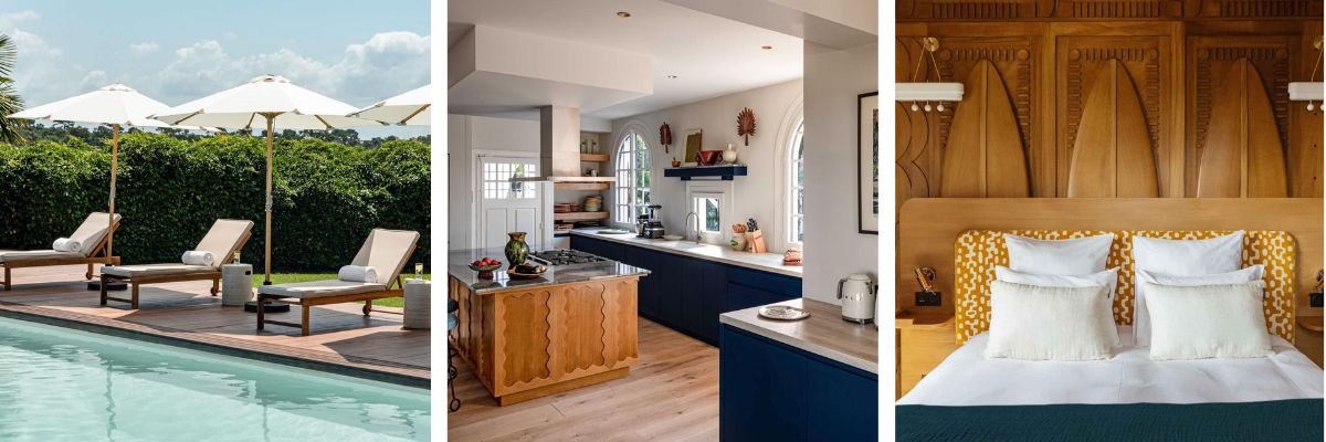 Image of the private outdoor pool with sun loungers; Stylish kitchen with island; One of the meticulously designed bedrooms