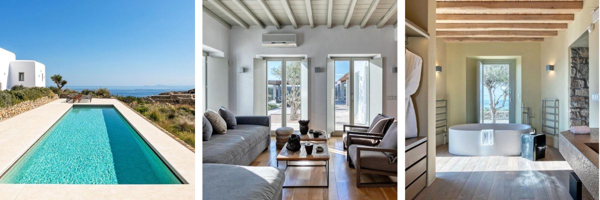 Outside pool overlooking the sea on the left. Living space in the middle. Bath with a view on the right.