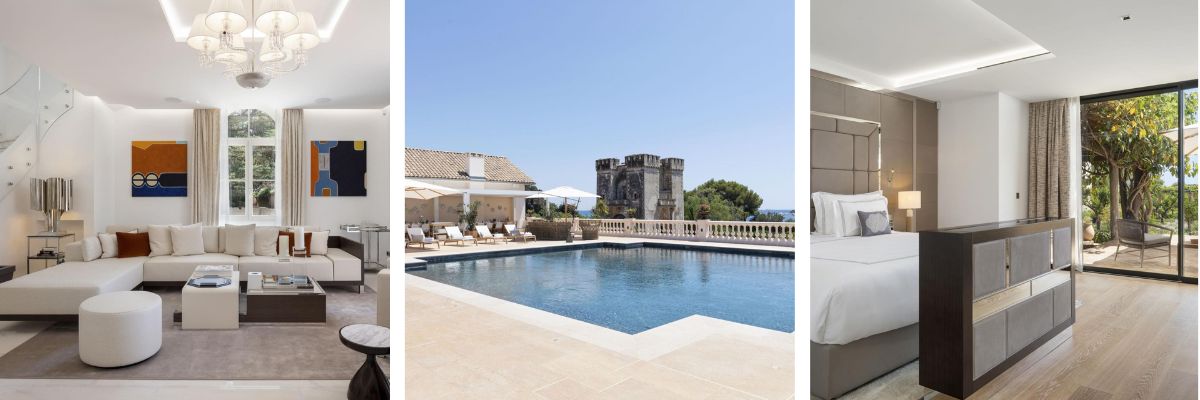 Living room, outdoor pool and bedroom with a view