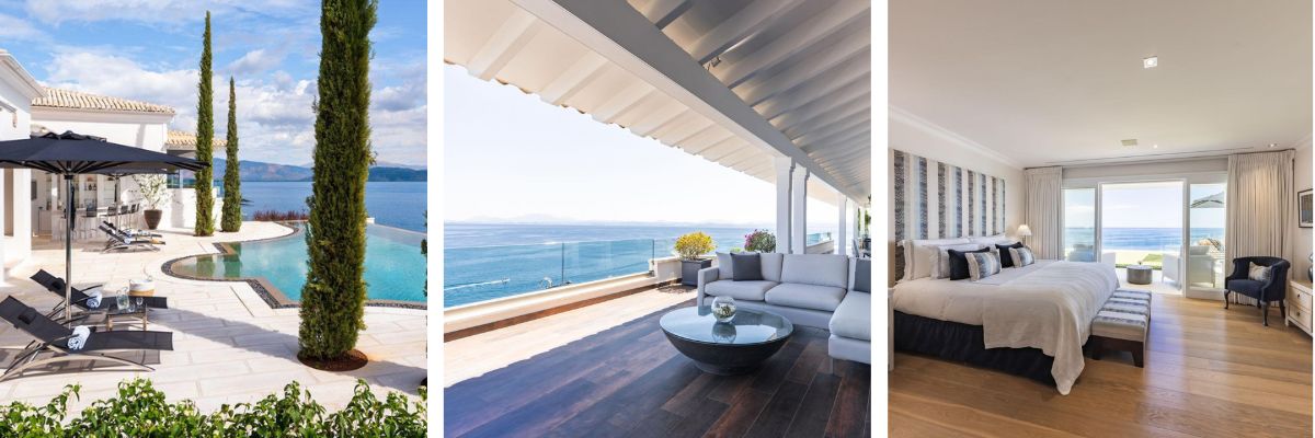 Swimming pool on the left, looking out over the sea. Outdoor seating area with sea view in the middle. Bedroom with a view on the right.