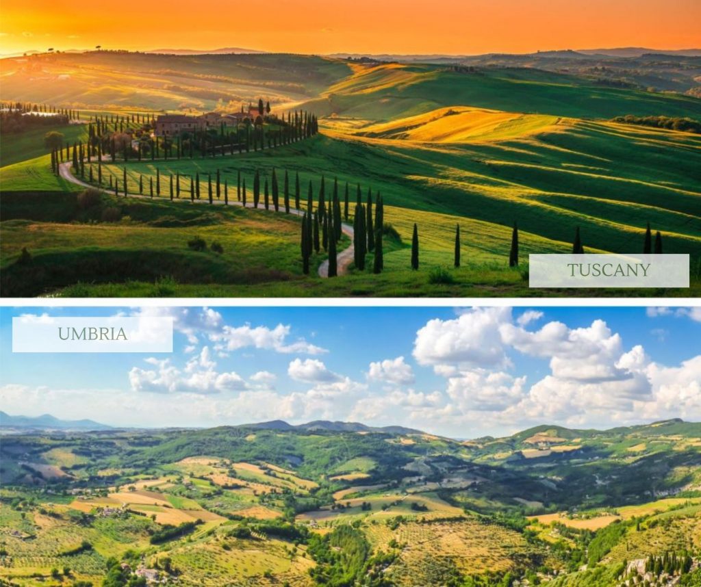 Countryside landscape of Tuscany rolling hills at sunset (in the picture above), in comparison to the green valleys of Umbria (picture below). Both regions are ideal for Italy summer holidays.