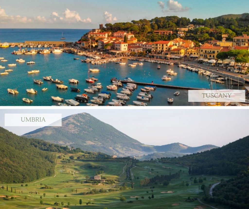 Comparison between the Tuscan and Umbrian scenery. In the picture above, the port in the Island Elba in Tuscany. In the picture below, the green valleys surrounding the village Castelluccio di Niorcia in Umbria.