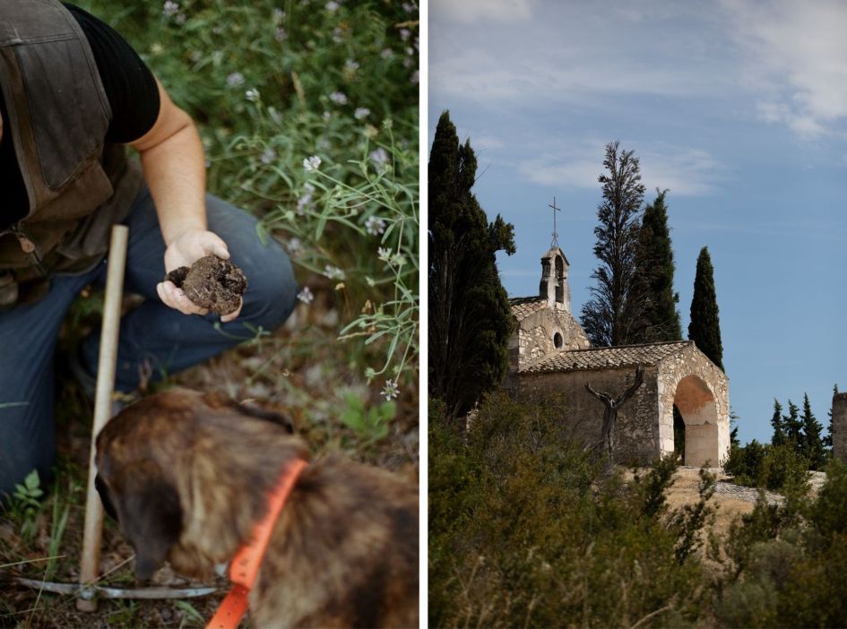 Truffle hunting on the left half of the collage, with the right half a picture of the authentic Chappelle Saint-Sixte.