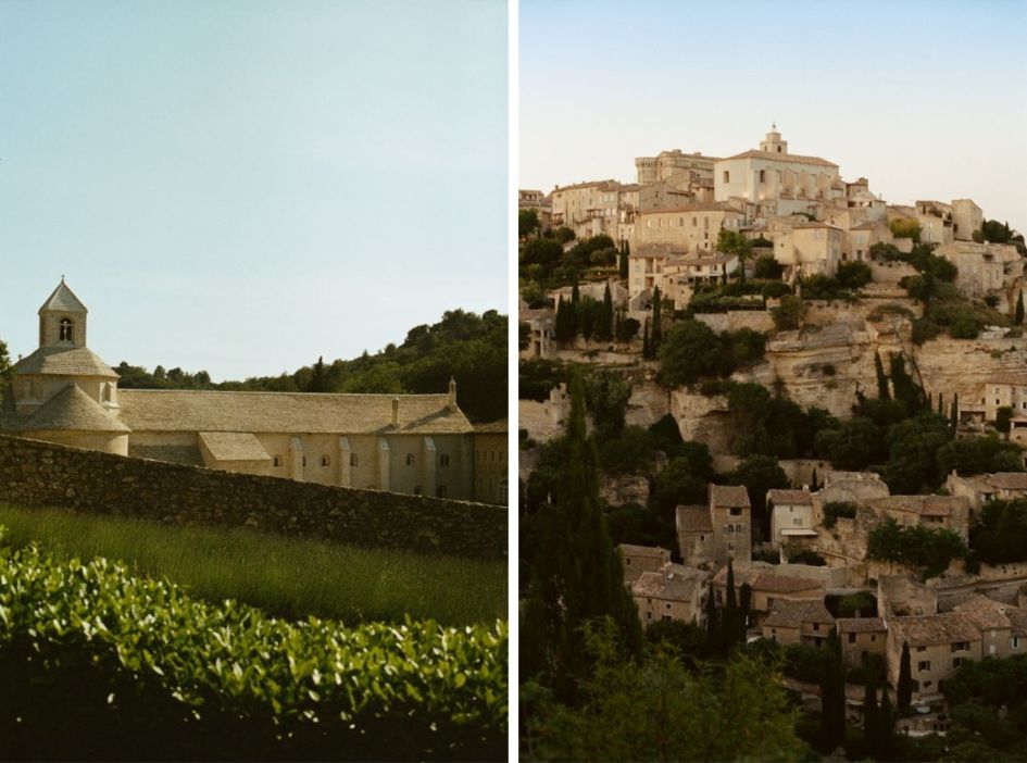 Abbaye Notre-Dame de Sénanque, on the left, and Gordes, on the right, two stunning places to visit when staying at Provence luxury villas.
