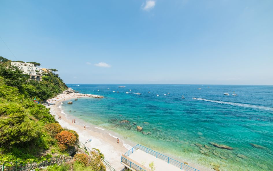 View over Marina Grande Beach, with crystal clear waters in the background. One of the best beaches on Capri.