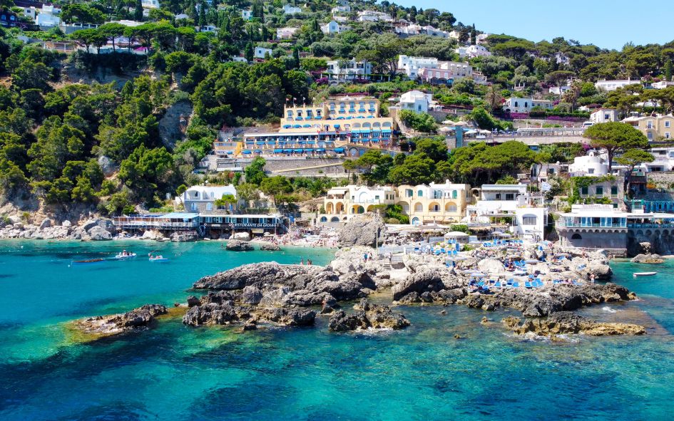 View of Marina Piccola beach and beach clubs, located on Capri Island. 