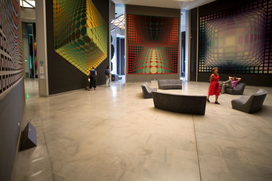 Op art pieces at the Vasarely Foundation, a fascinating museum to explore when staying at a luxury villa in Provence.