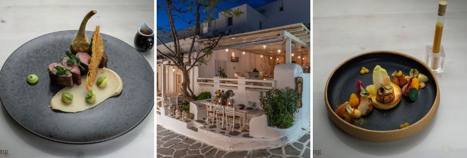 Left: Sous Vide Lamb. Middle: the alfresco dining area at M-Eating. Right: scallops on baked apple