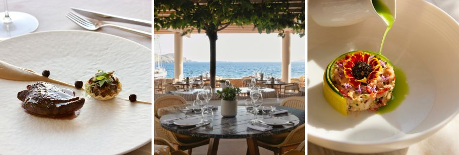 Left and Right: Fine dining plates at YĒVO Bill&Coo Gastronomy Project. Middle: dining setting under the pergola and with views of the Aegan Sea. 