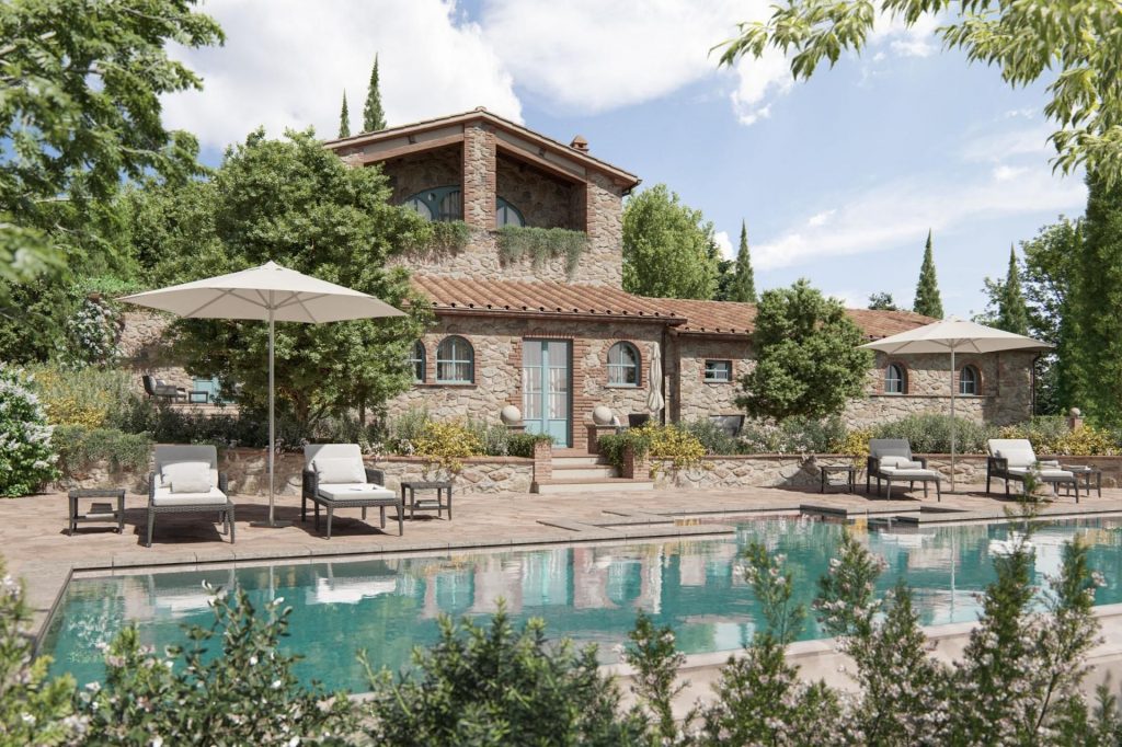 Villa Il Poggiarello on The Borgo Pignano Estate, Tuscany Luxury villa at the Borgo Pignano Estate featuring sun loungers and a pool. The perfect additions for a luxury villa holiday in Tuscany