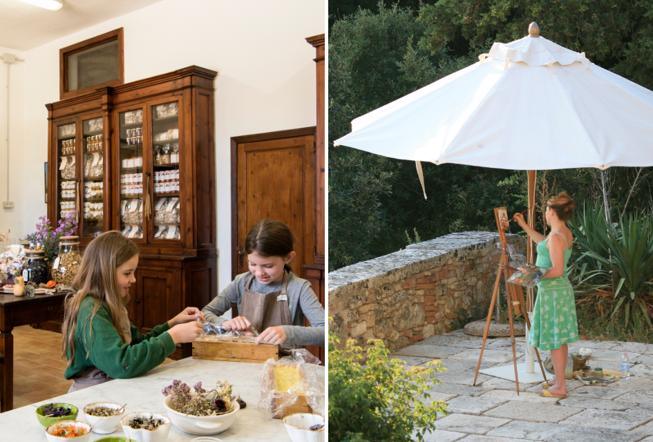 Collage of Activities at the Borgo Pignano Estate Two girls in a soap making workshop (left) and a woman in a painting workshop under an umbrella (right), two relaxing activities for your Tuscany holiday.