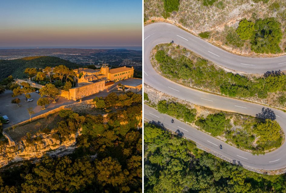 Views of the Puig de Randa, Mallorca. Credit: Mancomunitat Pla de Mallorca Aerial view of the Sanctuary of Cura atop the Puig de Randa (Left) and the hairpin road up the hill (Right).