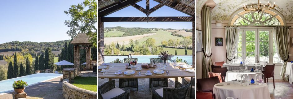 Villa La Lavandia (left and midlle) - Villa Pignano Restaurant (right), Tuscany Collage of the the outdoor swimming pool and alfresco dining area of Villa La Lavandaia, and the dining room of Villa Pignano Restaurant.