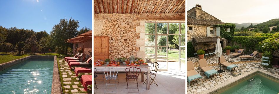 Villa Mas Vermentino (left and middle), Villa Grenache (right), Provence Collage of the externals of Villa Grenache, the outdoor swimming pool and alfresco dining area of Villa Mas Vermentino.