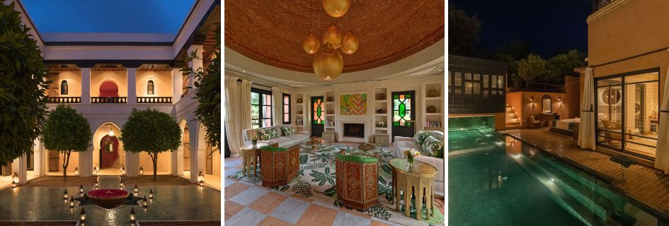Villa Ezzahra (left), Villa Azzaytouna (middle) and Villa Alkhozama Collage of the externals of Villa Ezzahra, the indoor living area of Villa Azzaytouna and the outdoor swimming pool of Villa Alkhozama.