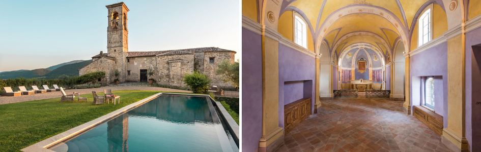 Villa Castiglione Ugolino, Umbria, Italy Left: Pool and tower of the villa, with loungers and chairs for relaxation. Right: The interior of the church that dates back to the 11th century, attached to the property for some unique villa history.