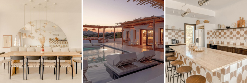Left to right: Boho-style dining room of Villa Eytan. Luxury swimming pool at sunset. Modern beige and white kitchen island. 