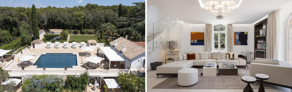Le Grand Jardin, Cannes, France Left: the swimming pool and gardens of Le Grand Jardin, with the intriguing dinosaur skeleton art piece visible. Right: One of the interior living spaces with a unique modern deisgn.