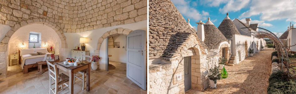 Masseria Le Monache, Puglia, Italy Left: One of the bedrooms in the trulli house unique villa of Masseria Le Monache in Puglia. Right: The trulli houses from the outside, on a cobbled street with an authentic style.
