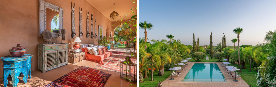 Palais Hassoun, Marrakech, Morocco Left: Gorgeously decorated relaxation space at Palais Hassoun, with unique wall decor that can be seen throughout the villa hallway. Right: the gardens and pool surrounded by trees and greenery.