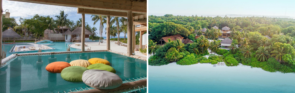 The Private Reserve, Soneva Fushi, Maldives Left: Catamaran nets with pillows over the luxury pool at The Private Reserve, one of the most unique villas in the Soneva Fushi resort. RIght: Shot from a drone, the villa is concealed amongst the trees and jungle of this Maldives island, showing very close each proximity.