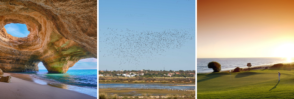 Left to right: Benagil Cave (Credit: Credit Bruno Carlos), Ria Formosa Natural Park (Credit: AT Algarve), Golf Trio of images showcasing the best things to do in the Algarve on holiday from visiting Benagil caves, Ria Formosa Natural Park and some of the best gold courses in Europe