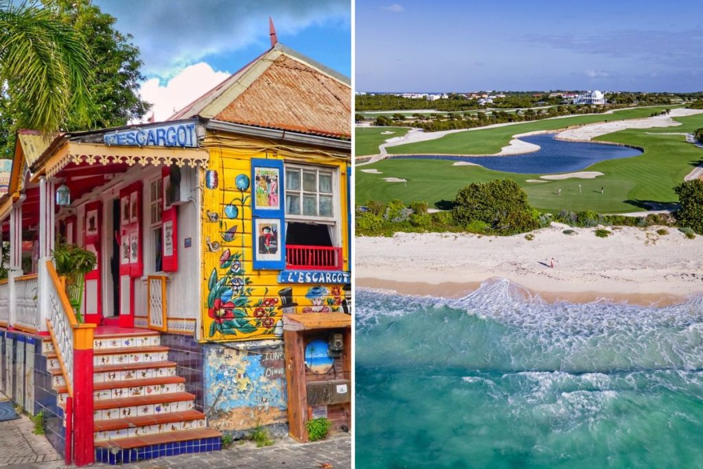 L'Escargot restaurant in St Martin (left), Aurora Golf course (right). The colourful, vibrant exterior of L'Escargot restaurant in St Martin on the left. Aurora Golf course on the white shores of Rendevous Bay on the right.