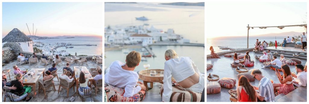 Trio of images showing sunset across the Aegean from 180º Sunset Bar in Mykonos.