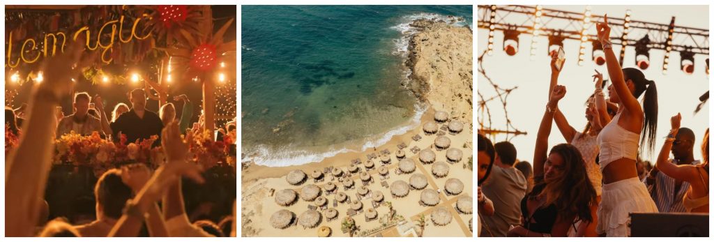 Trio of images of Alemàgou Beach & Sunset Lounge, including partygoers, and an arial image of the beachclub and sea.