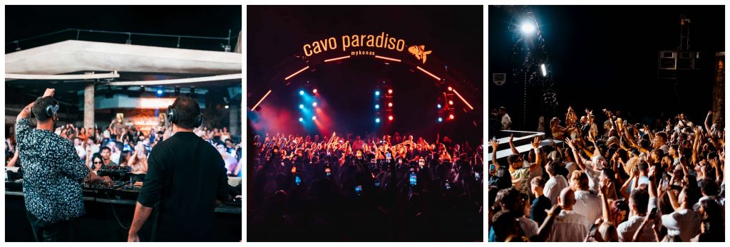 Trio of images of people partying at Cavo Paradiso, one of the best bars in Mykonos.