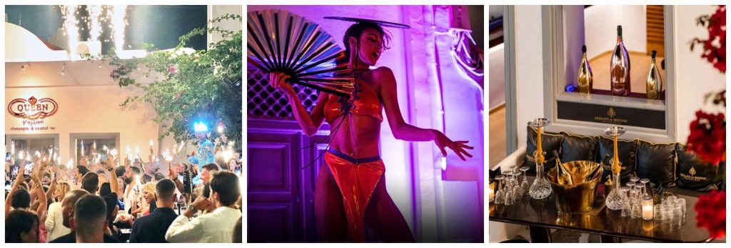 Trio of images showing the Queen of Mykonos bar, with partygoers and dancers.